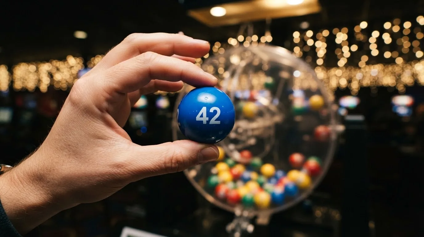 Una mano sostiene una bola de colores brillante frente a una máquina de sorteo, con luces festivas desenfocadas al fondo.
