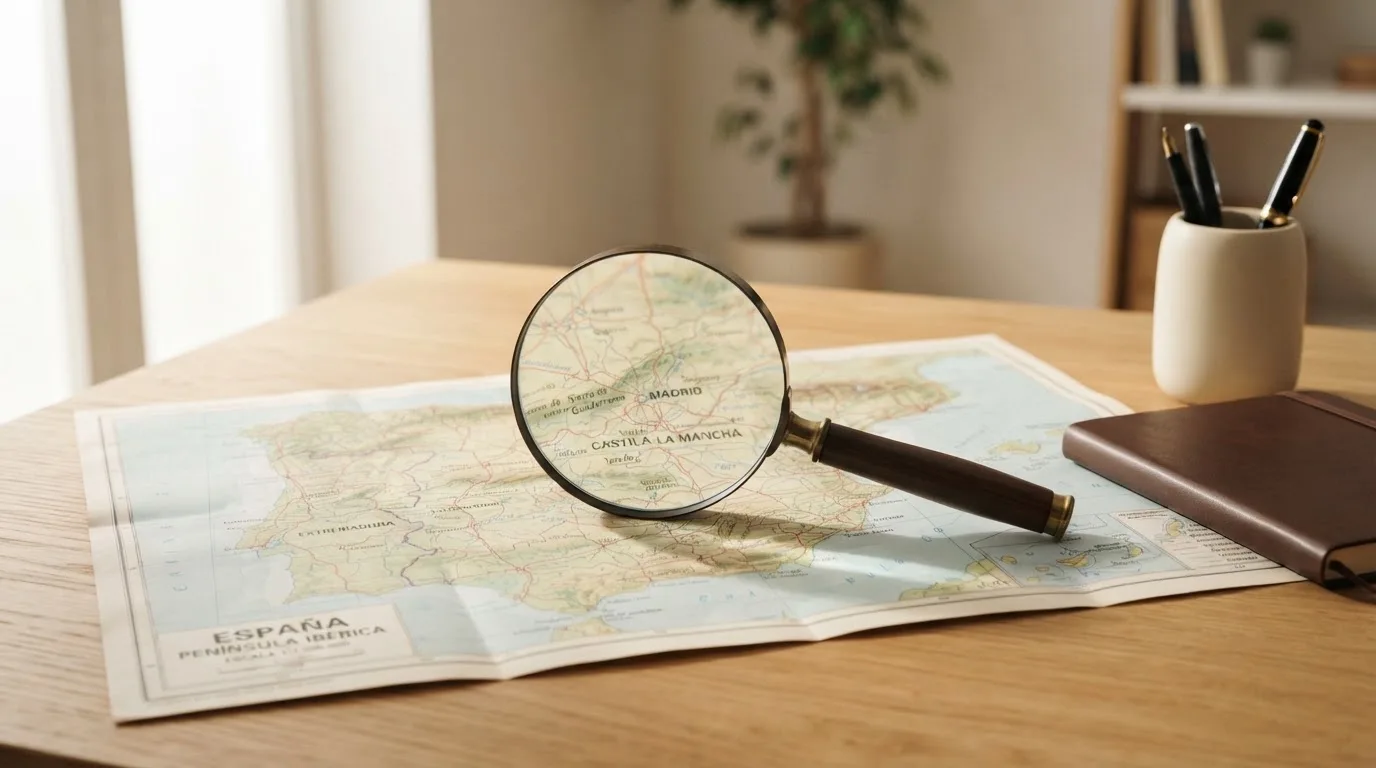 Una lupa sobre un mapa de España colocado en un escritorio de oficina, con luz natural de ventana.