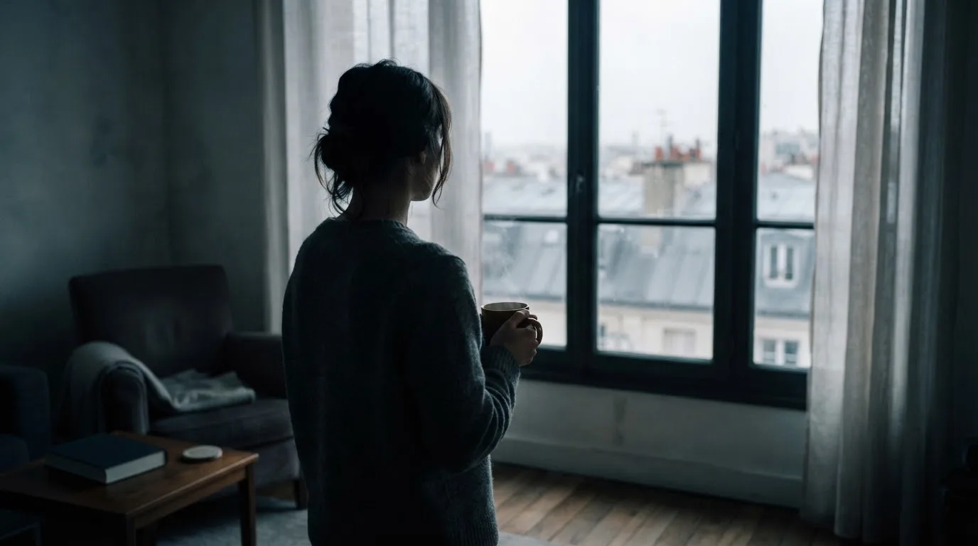 Una persona mira pensativa por una ventana con una taza en la mano, en una habitación tranquila y con poca luz.